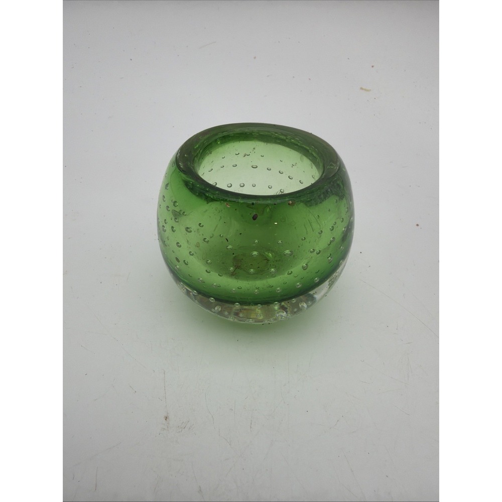 green hand-blown bubble glass bowl featuring a thick-walled